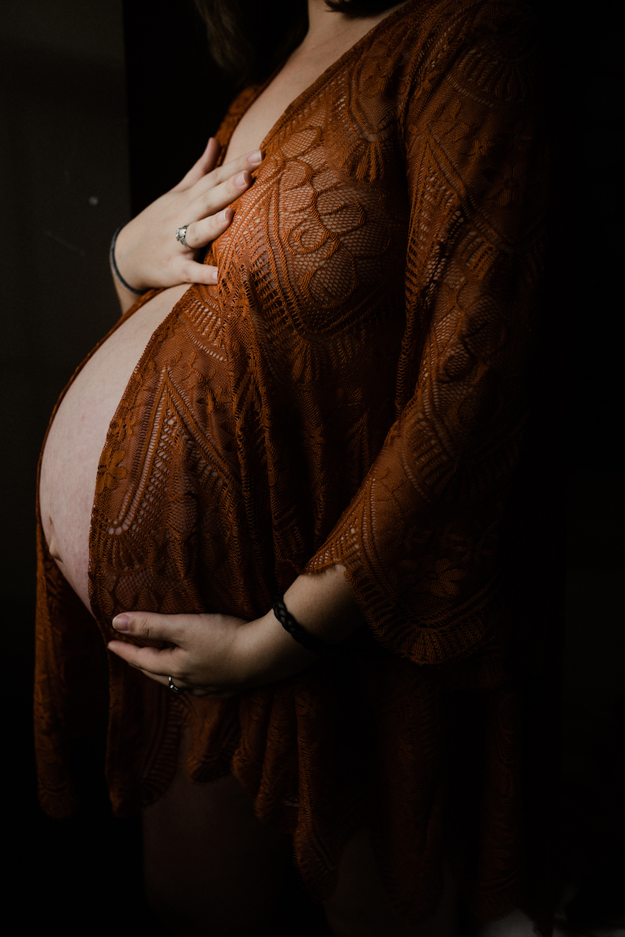 Brown lace robe maternity portrait