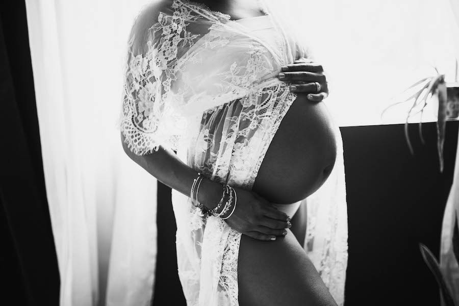 Black and white photo of maternity session